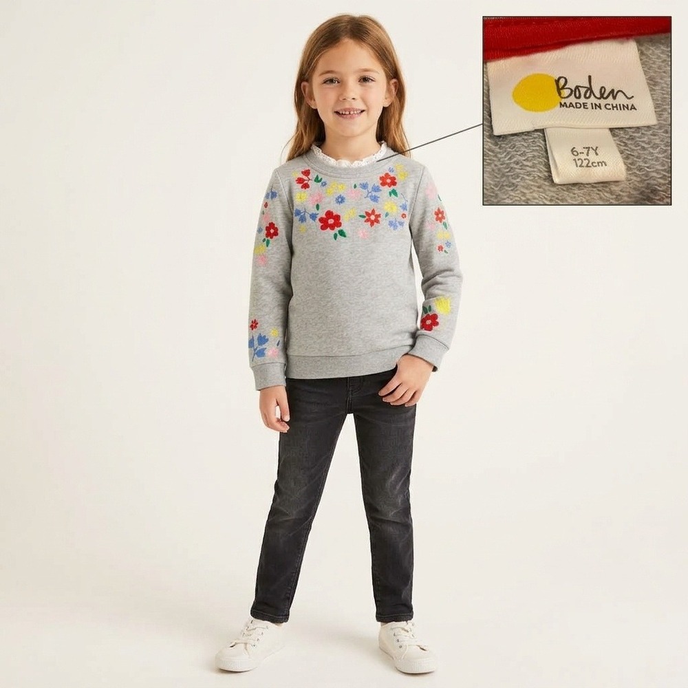 Boden Floral Sweatshirt Kids 6-7Y Gray Excellent Embroidered Lace Collar